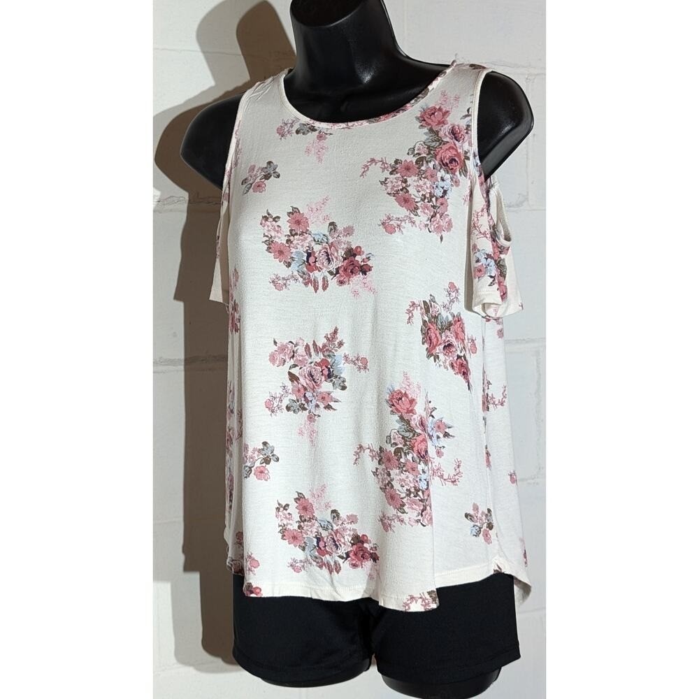 Rue21 Floral Cold Shoulder Tank Top Pink White Casual Blouse Medium